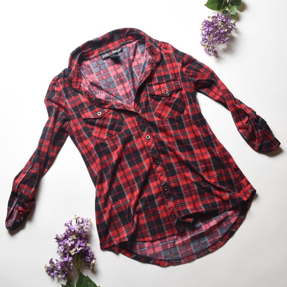 Polly & Esther Tops - POLLY & ESTHER Red/Black Plaid Button Shirt - M